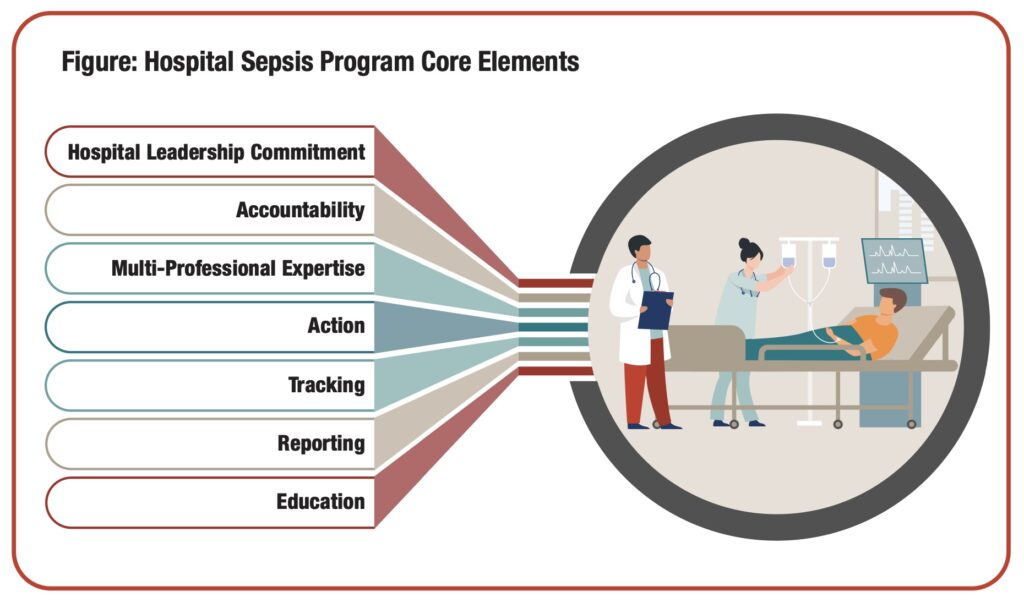 Illustration that depicts the seven core elements of recommended hospital sepsis programs